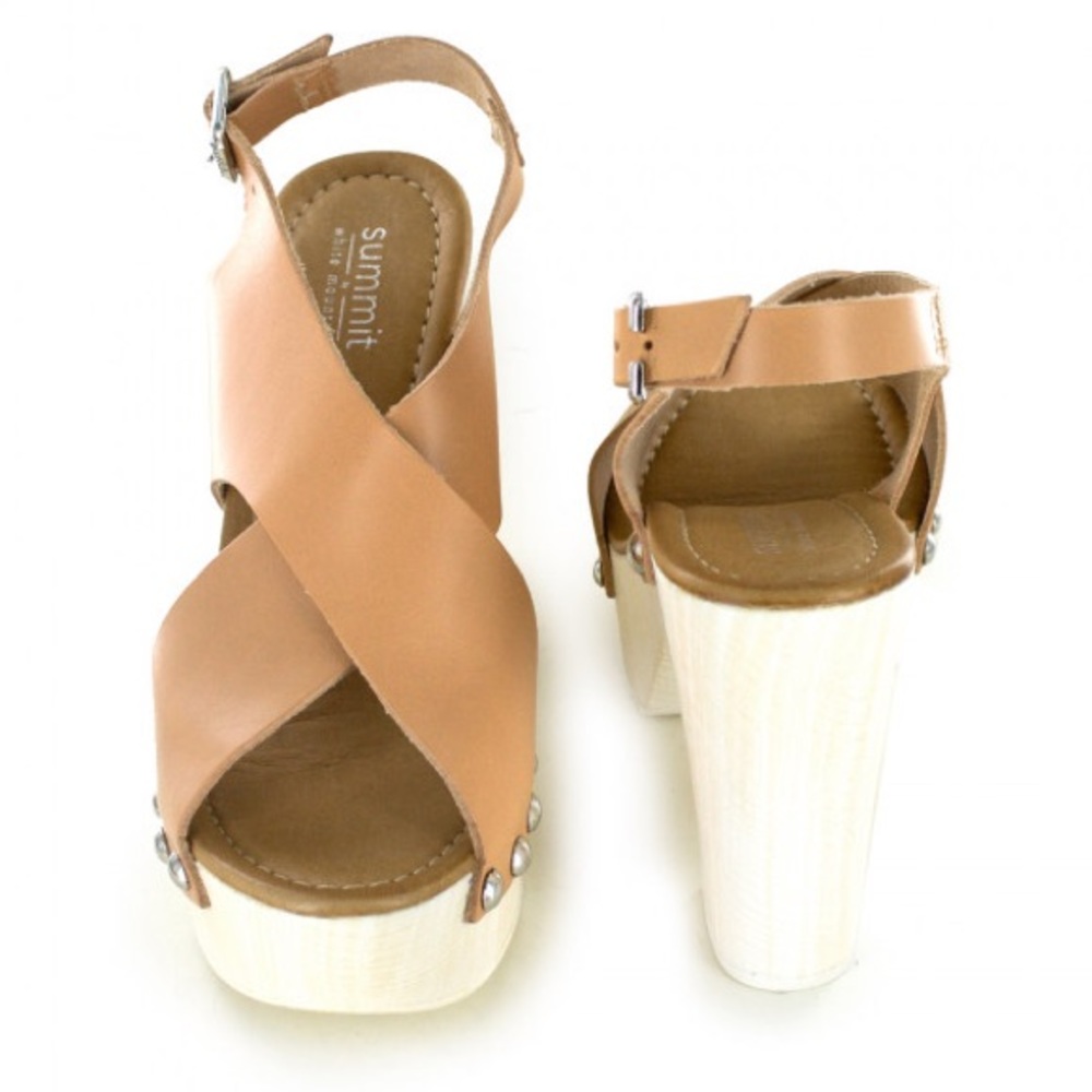 Tan Italian Leather Wooden Studded Platform Heel - Picture 4 of 8